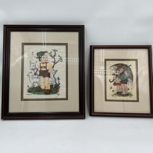 2 Vintage 1986-87 Framed Hummel Cross Stitch "Stormy Weather" & "Goat Herder"